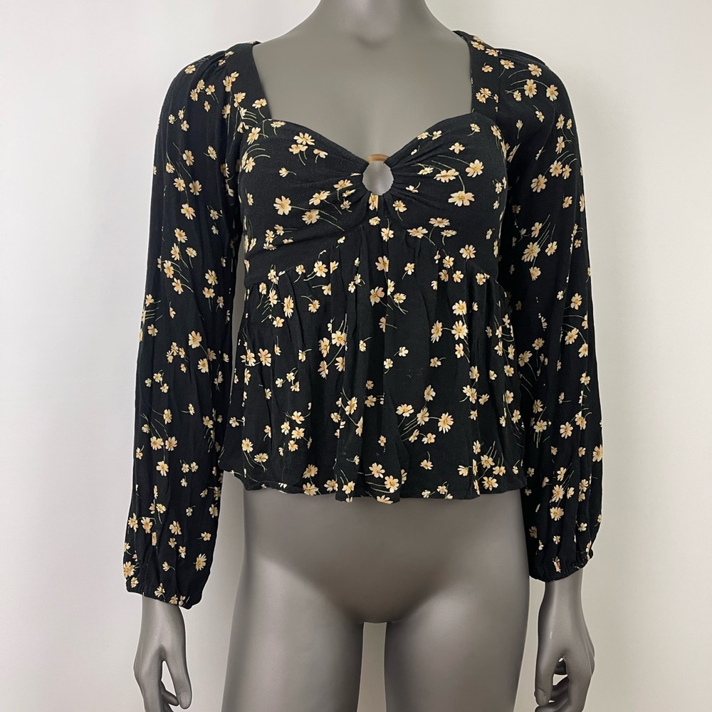 American Eagle Outfitters Blouse Womens S Black w. Yellow Floral Puff Sleeve Top - Picture 4 of 14